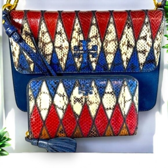 Tory Burch Snakeskin Suede Flap Crossbody & Zip Around Continental Wallet COA - Picture 1 of 17